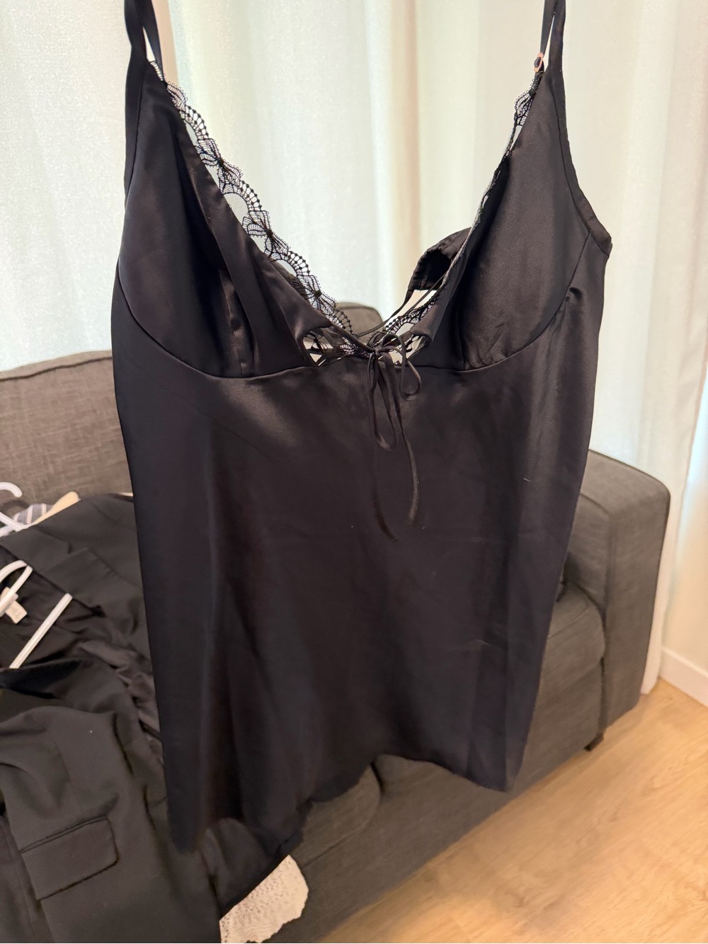 Satin Lace-Trim Black Slip Dress